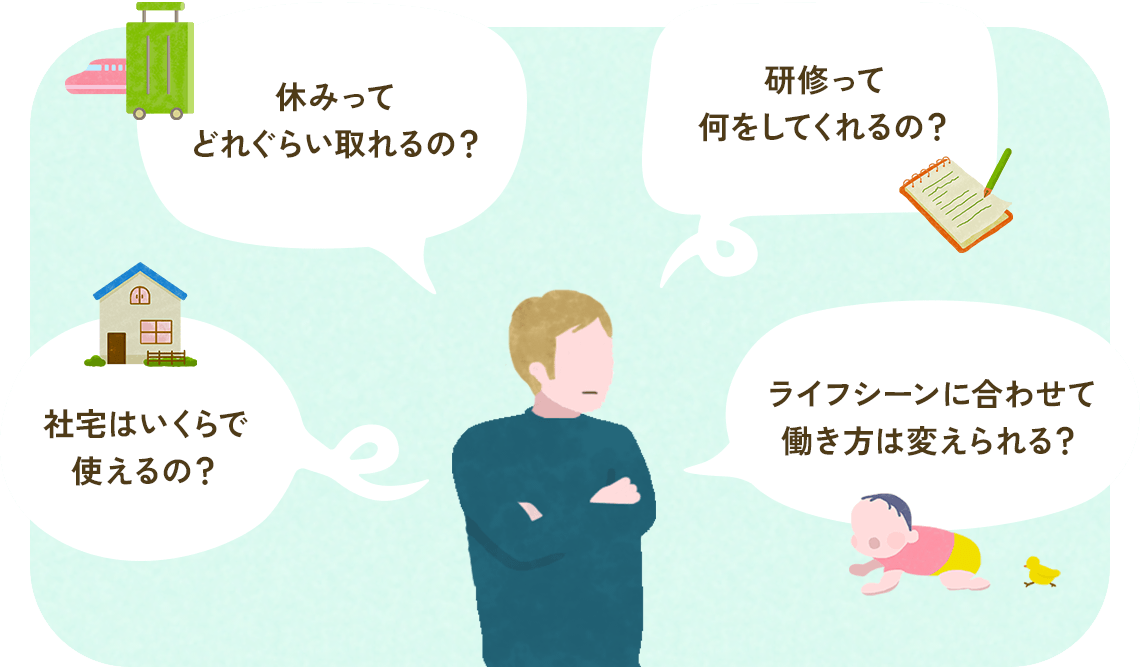 休みってどれぐらい取れるの？ 研修って何をしてくれるの？ 社宅はいくらで使えるの？ ライフシーンに合わせて働き方は変えられる？